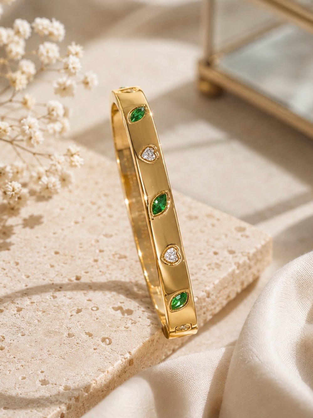 Gold Bangle Bracelet with Green and Clear Stones